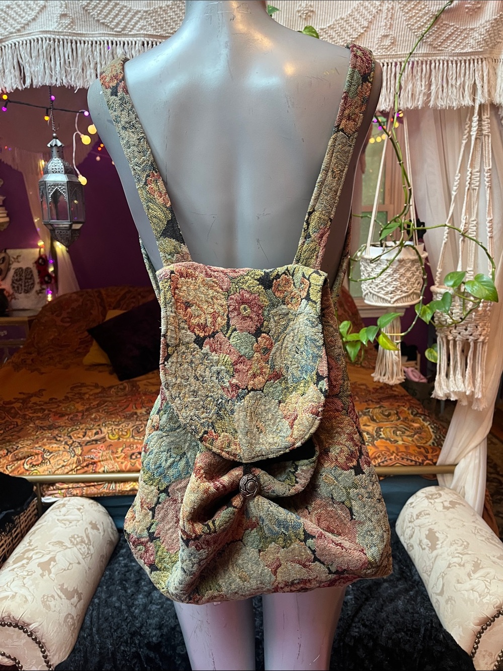 Handmade vintage Boho Witchy tapestry floral fabric backpack